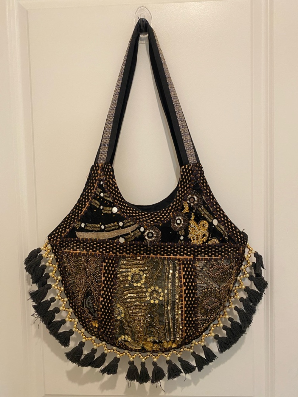 Embellished Black & Gold Boho Shoulder Bag